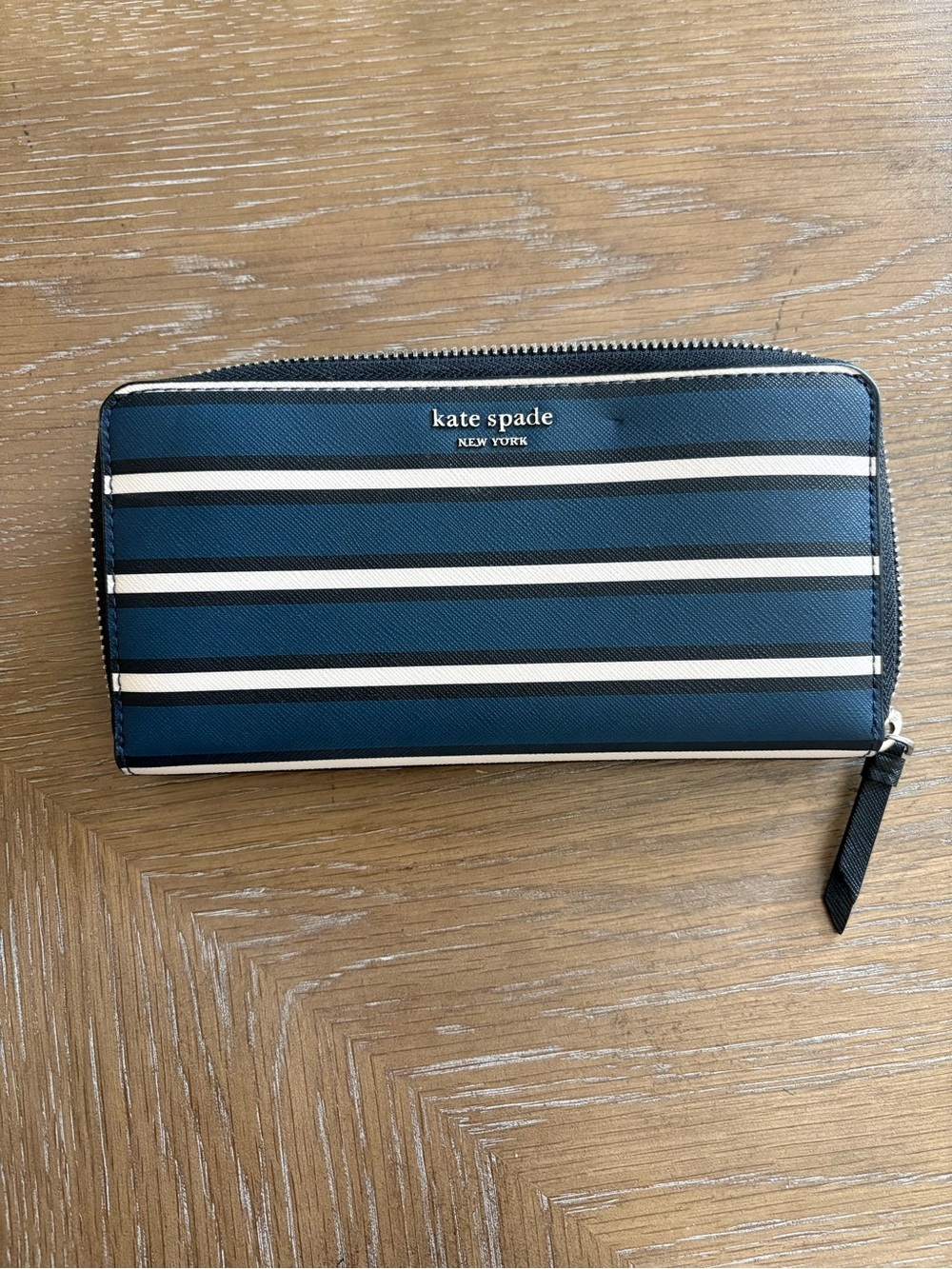 kate spade navy and cream striped zip-around wallet